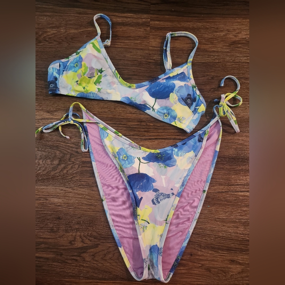 Aerie Floral Bikini Set with Blue and Yellow Accents
